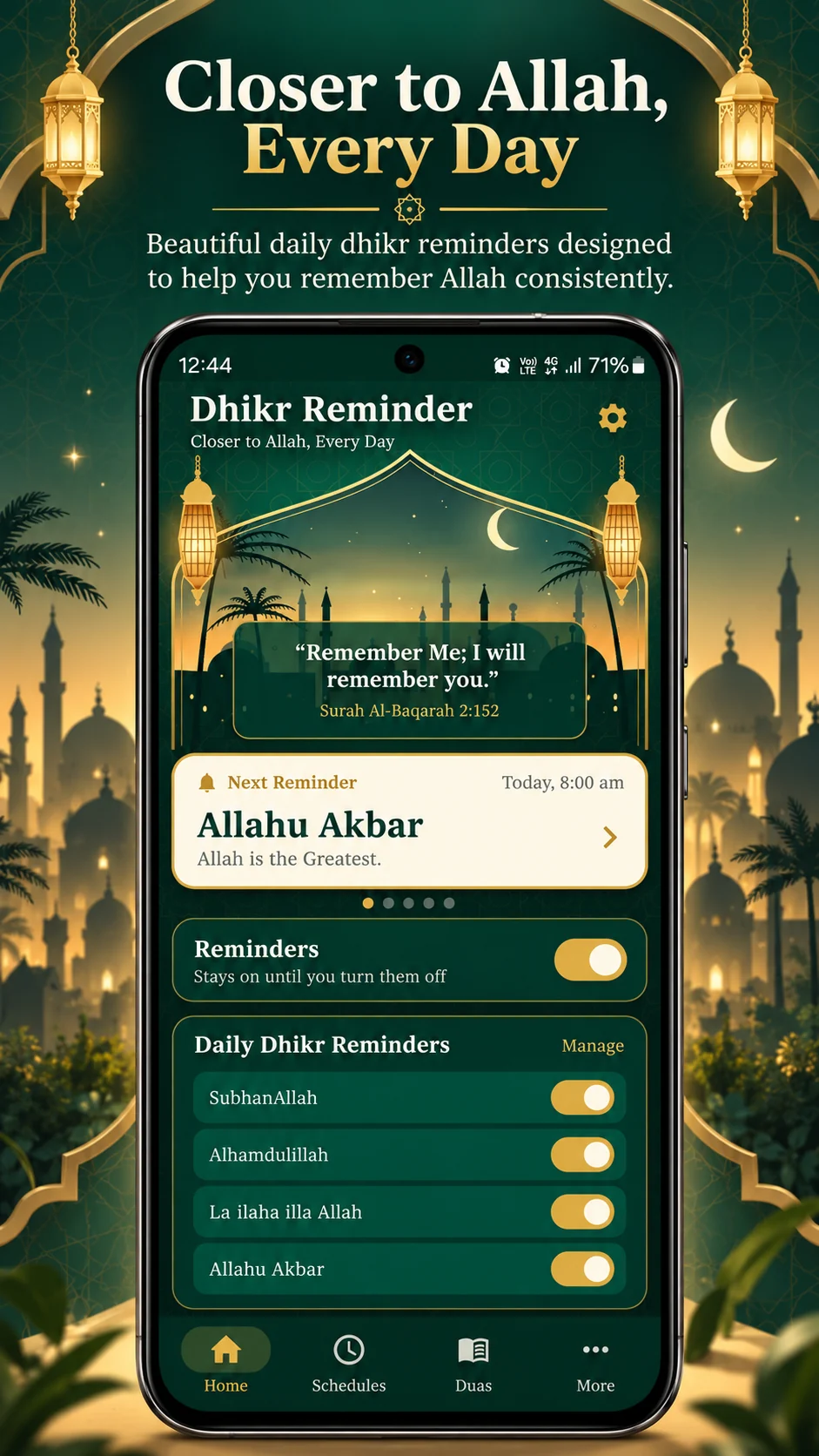 Dhikr Reminder Audio home screen showing next reminder and daily dhikr schedules